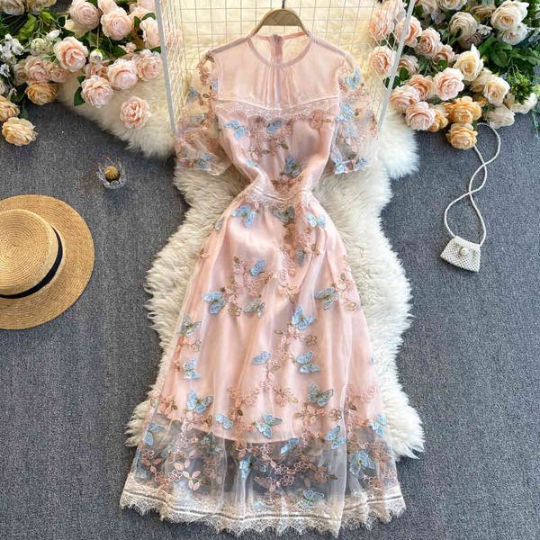 

dresses design mesh embroidery women korean sleeve o neck a-line es summer elegant fashion streetwear, Black;gray