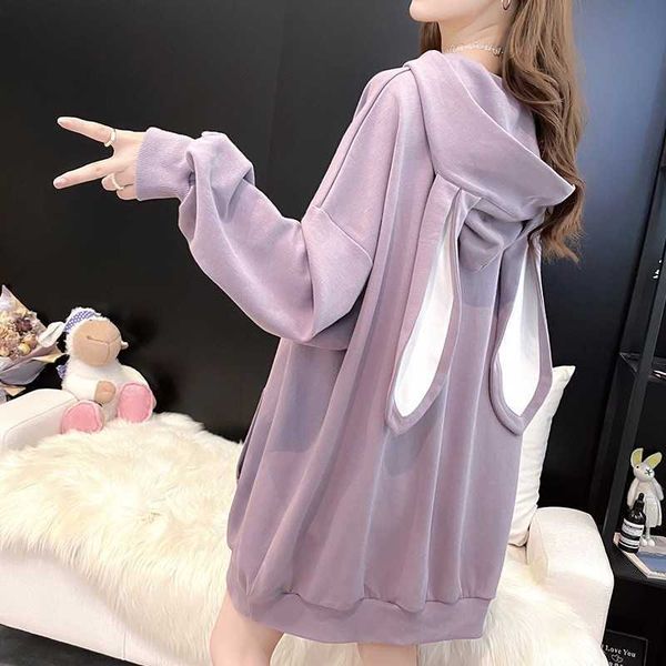 

casual dresses fashion animal hoodie women kawaii sweet rabbit ears sweatshirts and hoodies solid pocket long sleeve veet pullover, Black;gray
