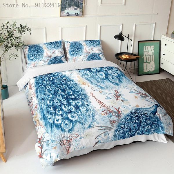 

bedding sets peacock bird print set blooming sakura flower duvet cover watercolor home textiles pink magnolia bedclothes 2/3pcs
