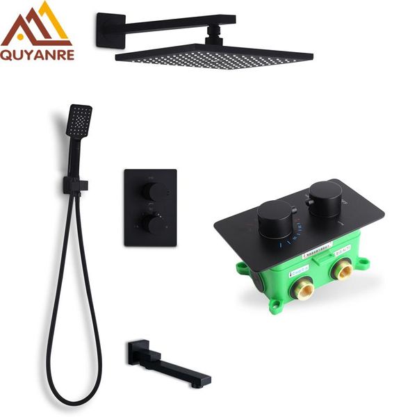 

quyanre black thermostatic bath shower faucets kit 3-way embedded box swivel tub spout faucet bathroom sets