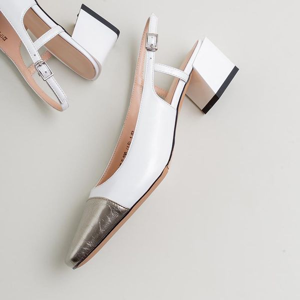 

dress shoes concise designer thick heels women metal buckle slingbacks for 2021 fashion working office lady woman, Black