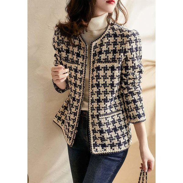 

women's jackets plaid tweed women long sleeve office lady wool coats autumn winter outwear vintage korean elegant plus size y875, Black;brown