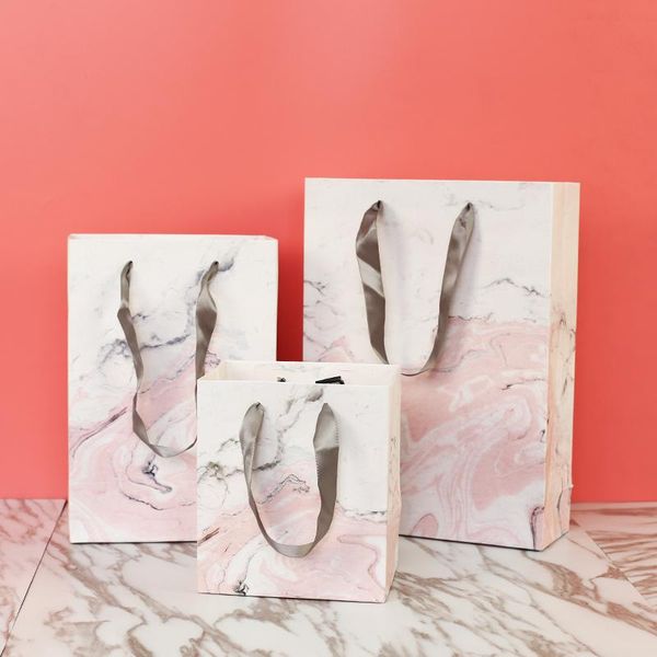 

5pcs/lot ins pink marble hand bag birthday gift wedding supplies business packaging with ribbion 6sizes wrap