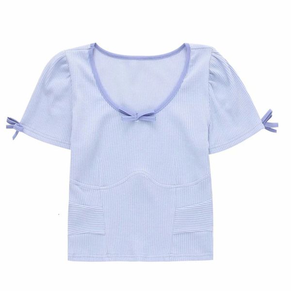 

women's t-shirt sweet girl u neck short crop slim lace bowknot sleeve summer t-shirts 3xh2, White