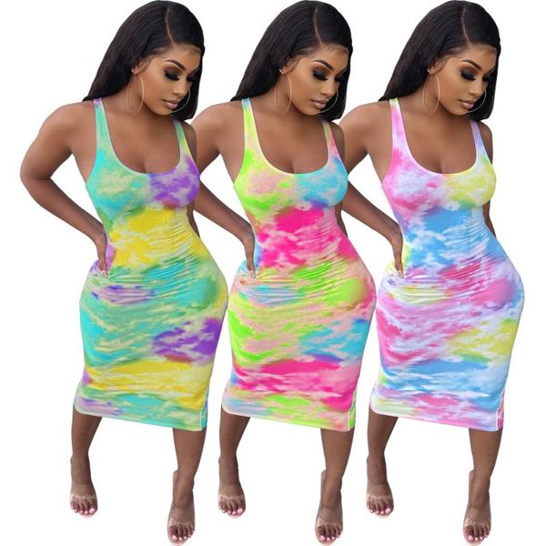 

casual dresses fashion women dress 2021 summer colorful tie dye print o-neck sleeveless backless nightclub lady bodycon calf mid length, Black;gray