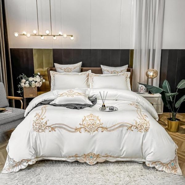 

bedding sets duvet cover white gray long staple cotton embroidery luxury full  size 4pcs comforter bed sheet 2pillow shams