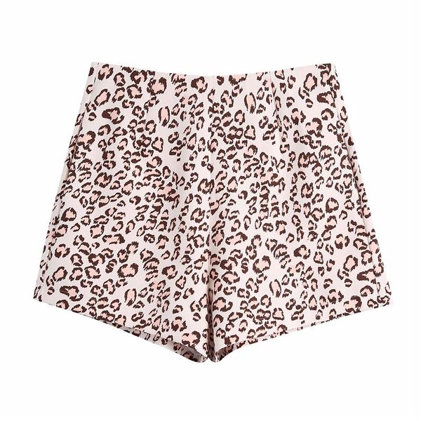 Senhora Chic Senhora Primavera Vintage Leopard Imprimir Cintura Alta Cintura Mulheres Casual Voltar Zíper Animal Terno Calças curtas 210421