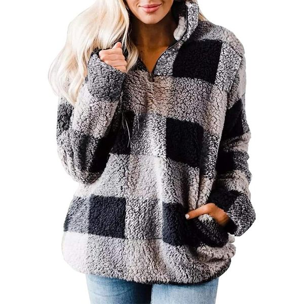 

women's blouses & shirts plus size womens and plaid print plush pocket zipper blouse easy sweatshirt blusas mujer de moda 2021, White
