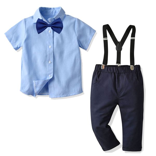 

autumn short-sleeve shirt for boys strap pants suit banquet dress children gentleman toddler boy clothes 210515, White