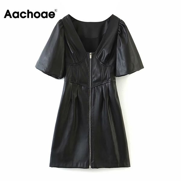 

aachoae chic women black faux leather mini dresses puff short sleeve pleated party dress v neck pu zipper dress vestidos 210413, Black;gray