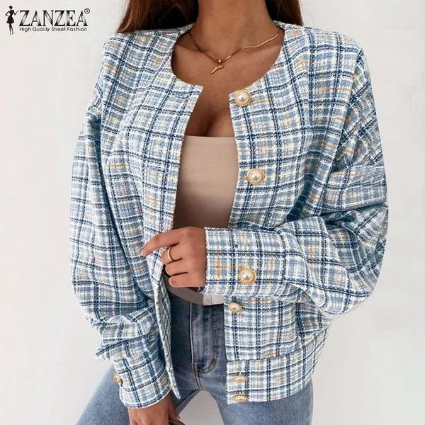 

women's jackets 2021 fashion casual long sleeve coats zanzea elegant checked printed women vintage o neck button plaid overcoats female, Black;brown