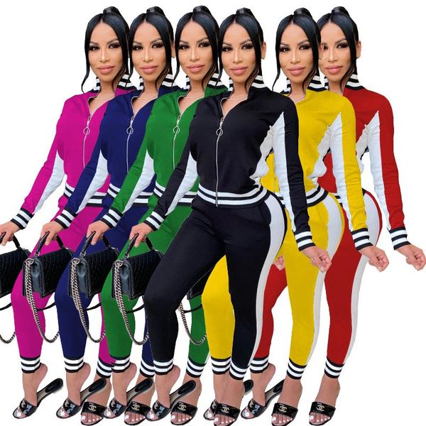 

women's two piece pants zaggin 2021 autumn women solid 6-colors 2-piece set casual zipper v-neck full sleeve jackets long skinny sports, White
