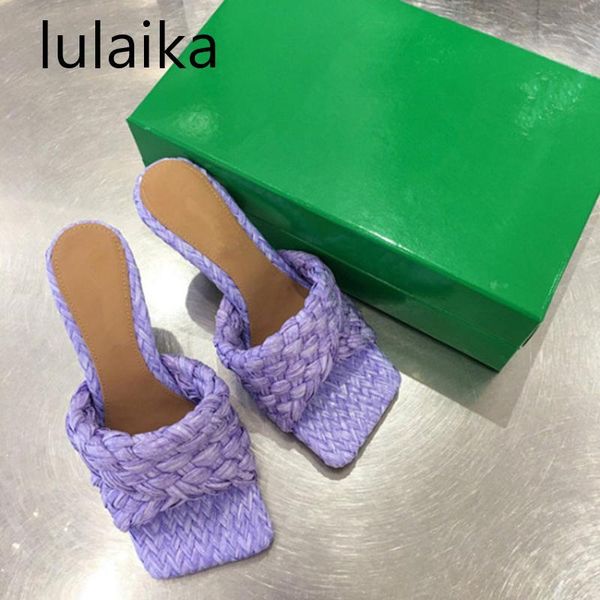 

2021summer candy color handmade weave slippers women square peep toe thin high heel sandals party sandalias runway t-show shoes dress, Black