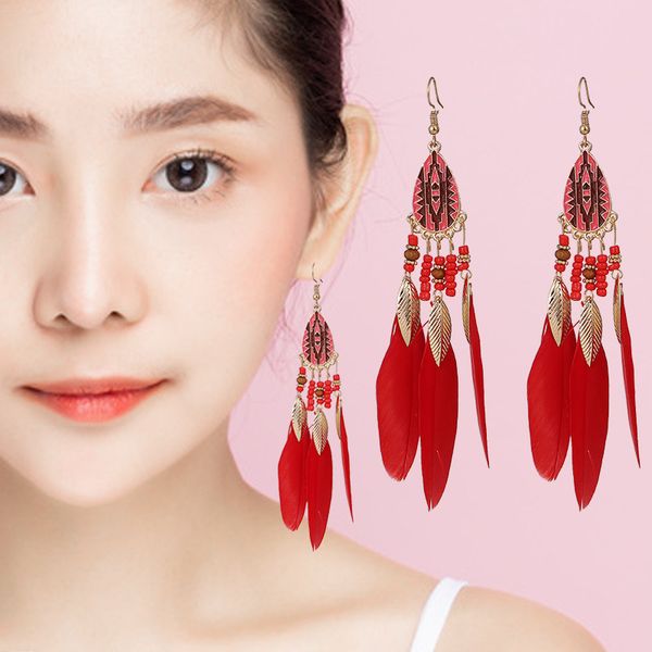 

feather long tassel earrings colorful beaded bohemian leaf shape dangle drop hook earring for women wedding party jewelry dhl, Golden