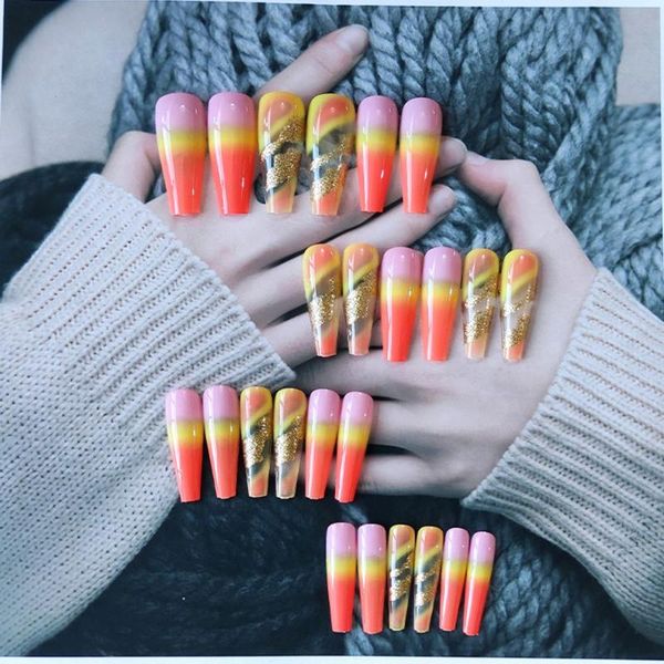 

false nails 24pcs/box detachable gradient long coffin wearable ballerina fake full cover nail tips press on, Red;gold