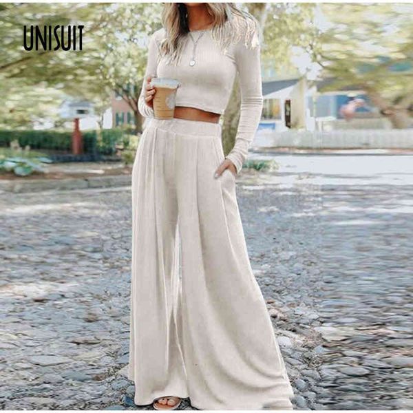 

women's jumpsuits & rompers autumn solid casual ribbed backless suits long sleeve crop women t-shirts set high waist wide leg pants su, Black;white