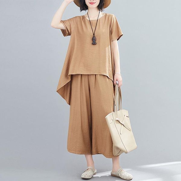 

women's two piece pants #4076 wide leg casual loose irregular tshirts ladies cotton linen summer black khaki 2 set women and t shirts, White