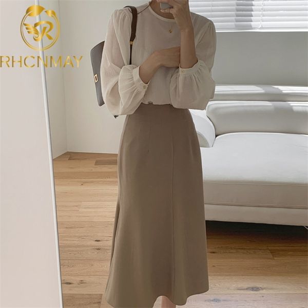 

women two piece outfits spring and autumn women's fashion loose ol temperament small shirt high waist long skirt 2 sets 210506, White