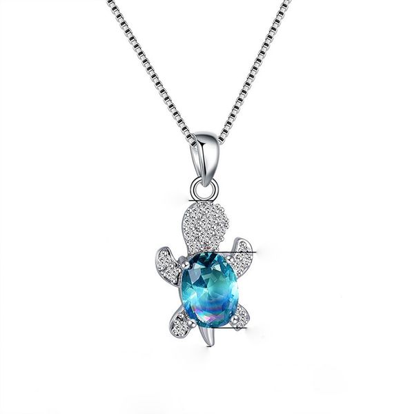 Niedliche blau-lila ovale Zirkon-Anhänger, Regenbogenstein, niedliche Schildkröten-Halsketten für Frauen, Modeschmuck, mehrfarbige Kristall-Tier-Halskette