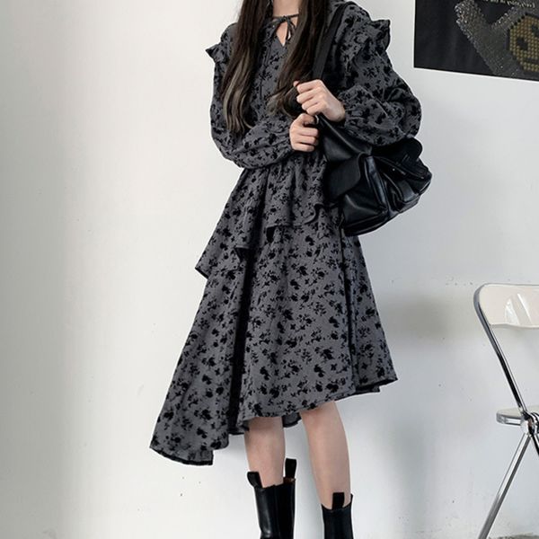 

spring female loose casual lace up v-neck long sleeve panelled floral ruffles asymmetrical a-line dress 16w206 210510, Black;gray