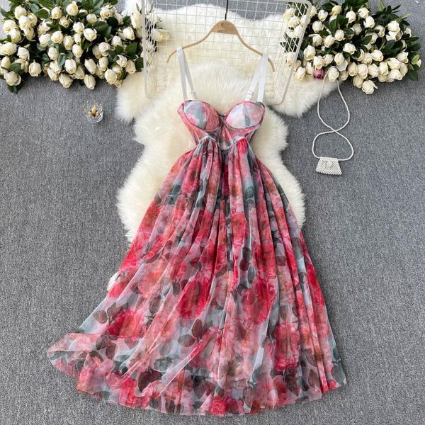 

casual dresses 2021 summer women corset strap dress flowers print multi-layer mesh big hem party long, Black;gray