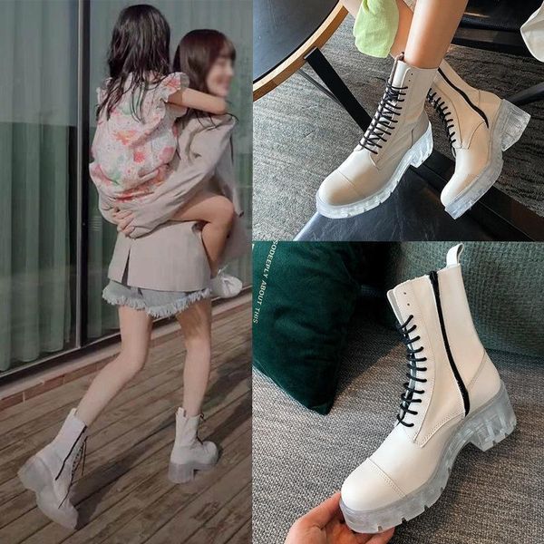 

boots li xiaolu tiktok with the same white air waterproof table heavy 4041 yards leather, Black