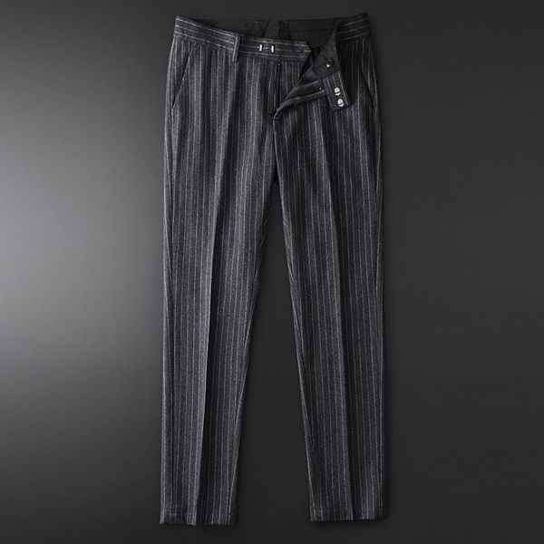 

men luxury wool autumn winter yarn-dyed vertical stripes man pants plus size 4xl slim fit casual male trousers men's, Black