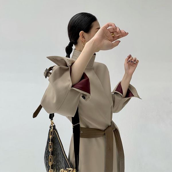 

women's trench coats woman coat stand collar windbreaker color clock with sashes slim design vintage style 2021 autumn fashion, Tan;black