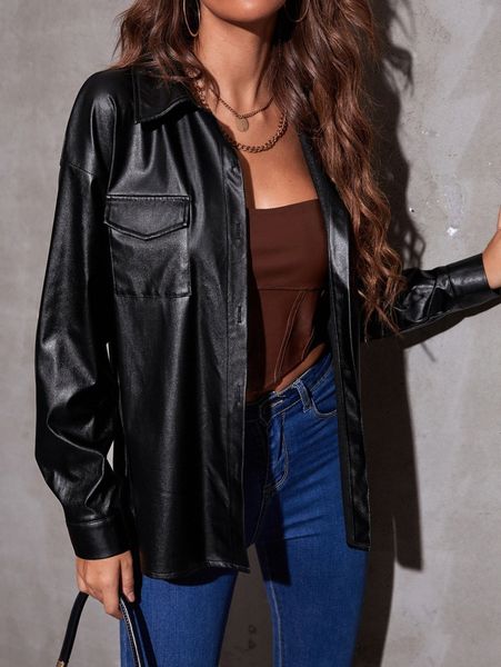 

flap pocket drop shoulder pu leather blouse m7ij#, White