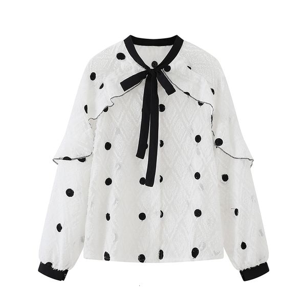 

women's blouses & shirts lace up bow polka dot ruffles white chiffon blouse shirt women 2021 spring long sleeve sweet fashion eleg