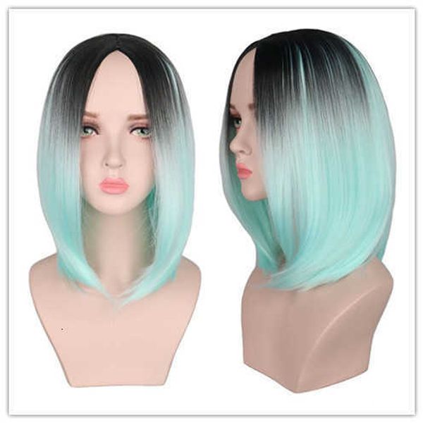 

dyed wig female hair bobo head women's short medium wig black gradient mint green