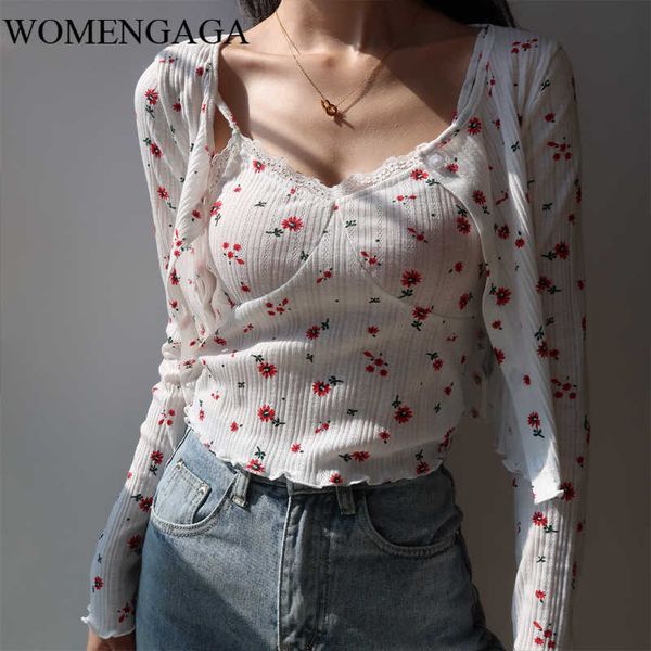 WOMENGAGA French Girl Lace Floral V-Ausschnitt Camisole Tops Tank + Blumendruck Streifen Langarm Cardigan Top Shirt Bluse L1V 210603