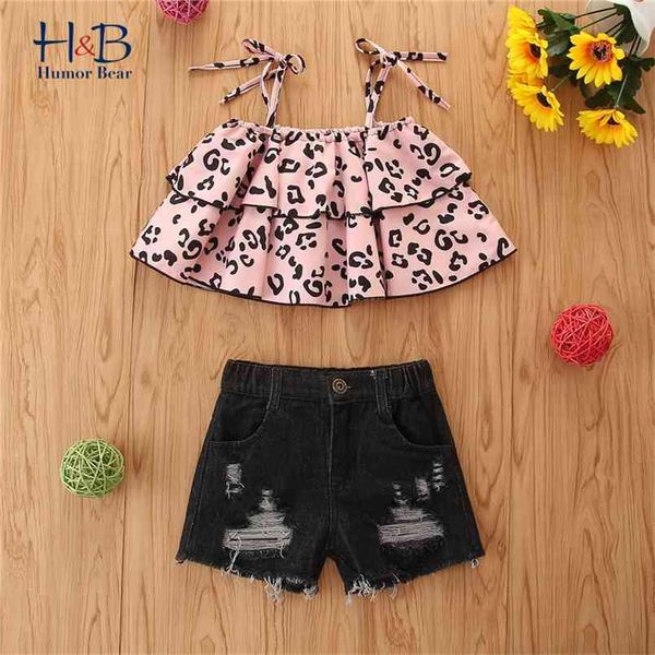 

girl clothes sets summer sleeveless leopard sling denim shorts casual 2pcs outfit set 210611, White