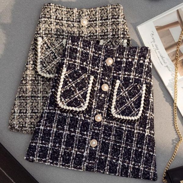 

small fragrant tweed skirt women single-breasted plaid high-waist a-line anti-glare package hip skirts, Black