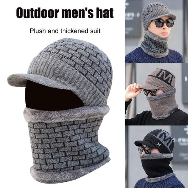

men knit cap with neck gaiter visor beanie fleece lined thickened set n66 outdoor hats, Black;white