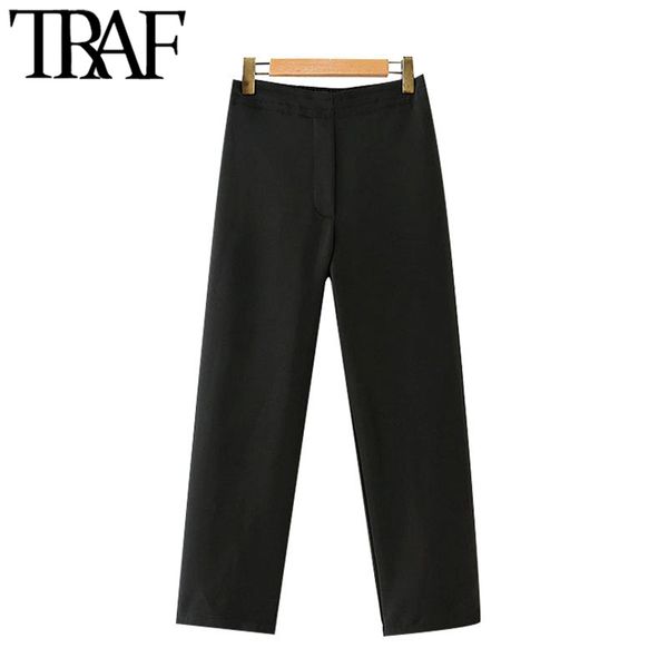 

traf women chic fahsion office wear straight pants vintage high elasic waist female ankle trousers mujer 210415, Black;white
