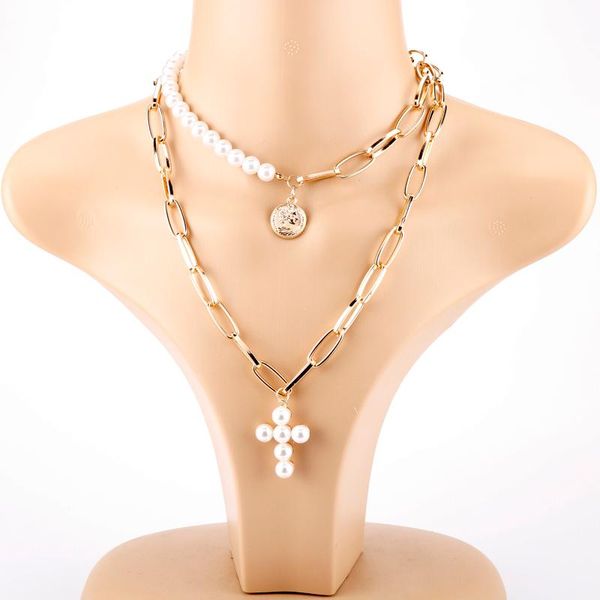 

personality pearl cross square necklace metal multilayer hip hop long chain charm simple necklaces for women jewelry gifts pendant, Silver