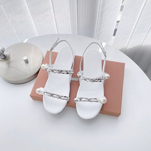 

sandals high end quality summer line buckle pearl chain sandals flat bottom mary jane women's, Black