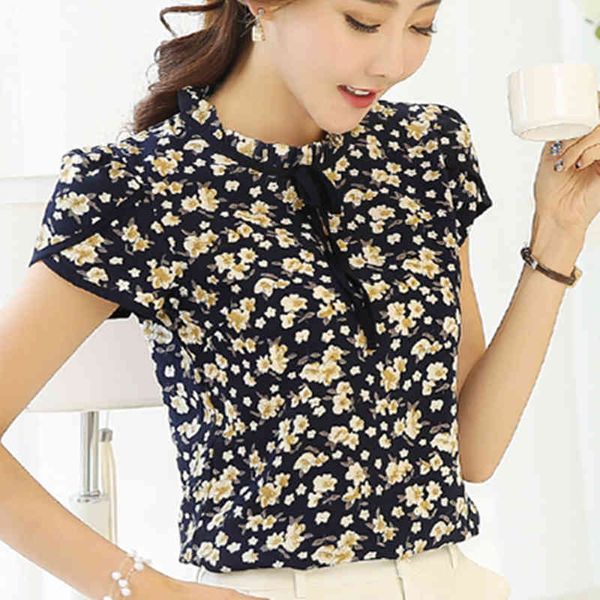 

summer floral print chiffon blouse ruffled collar bow neck shirt petal short sleeve chiffon plus size blusas femininas 210419, White