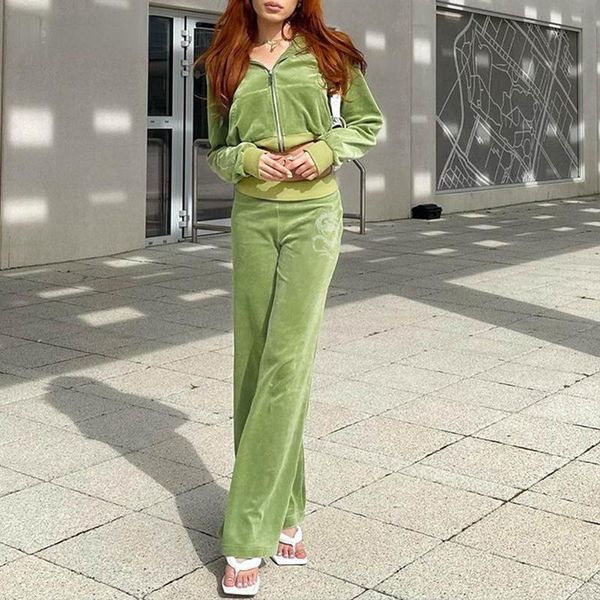 

women's two piece pants fashion y2k aesthetic green velour zip up tracksuits crop hoodies and diamonds printed high waist women 2 sets, White