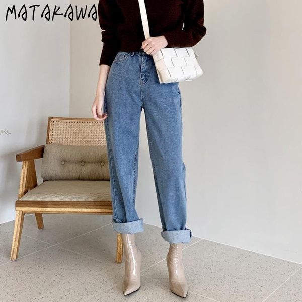 

women's jeans matakawa 2021 summer korean ins women beveled stitching high waist loose curled pantalones vaqueros mujer, Blue