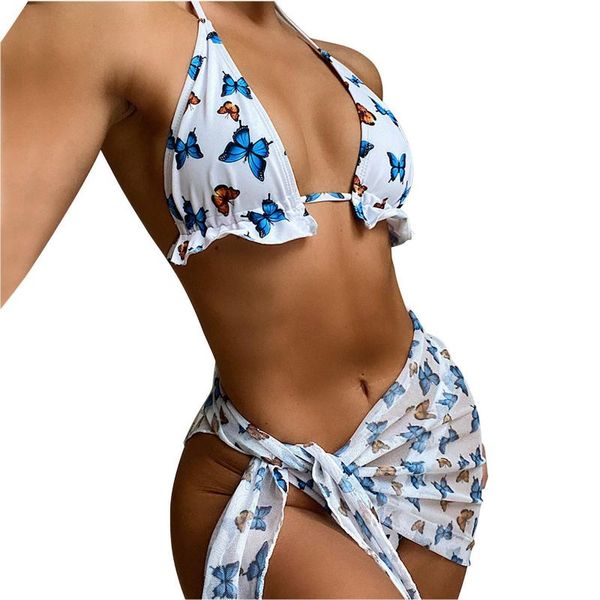 

women's swimwear butterfly print bikini 2021 bandage beach wear split swimsuit female high waist bathing suit set three-piece, White;black