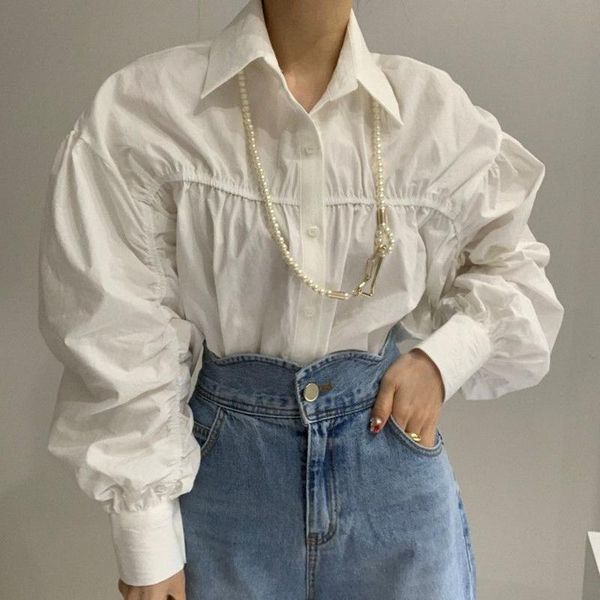 

women's blouses & shirts women loose solid ol blussa 2021 casual autumn female long sleeve folds tees workwear office lady s206, White