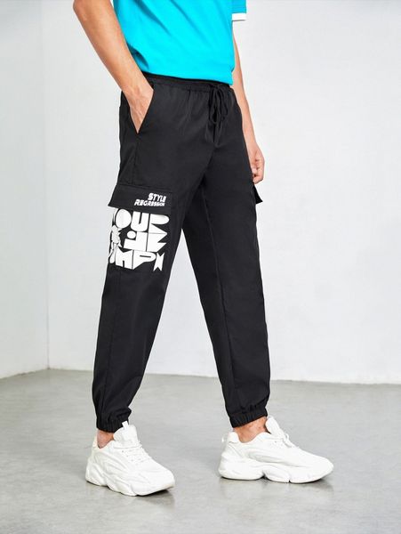 

men slogan graphic cargo pants y9tf#, Black