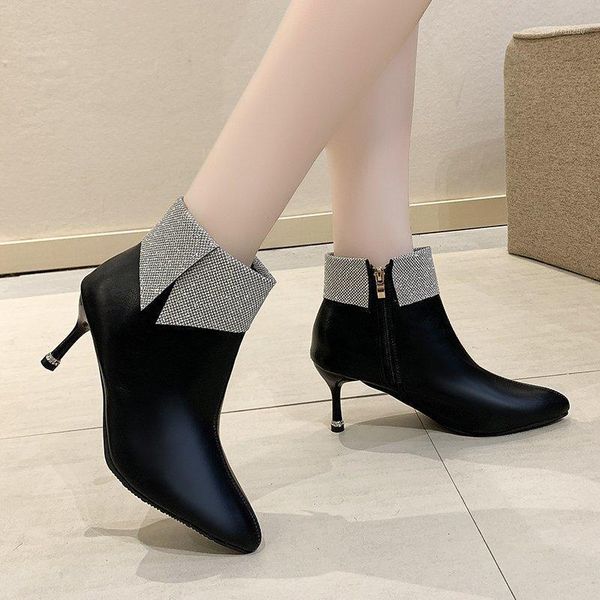 

boots bling ankle 2021 women's fashion thin high heels party wedding pointed solid black leather short women zapatos1