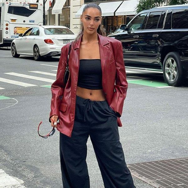 

women's jackets winter 2021 fall pu solid red women leather slim turn-down collar long sleeve office lady coat streetwear female, Black;brown