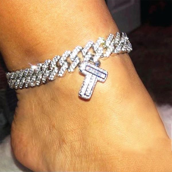 

anklets fashion hip hop crystal cuban link initial a-z 26 letter anklet iced out gold silver color rhinestone barefoot jewelry for women, Red;blue