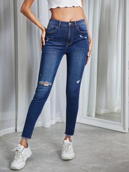 

high waist ripped raw hem skinny jeans v6zb#, Blue