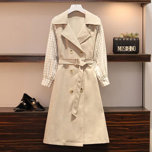 

casual dresses plus size women long dress autumn 2021 fashion plaid sleeve patchwork notched collar double-breasted ladies l-5xl, Black;gray