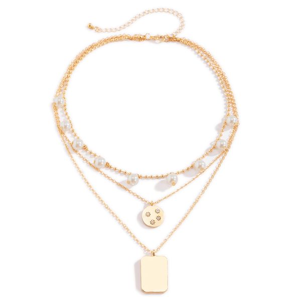 

retro creative geometric tag imitation pearl necklace punk micro inlaid pendant neckband case, Silver
